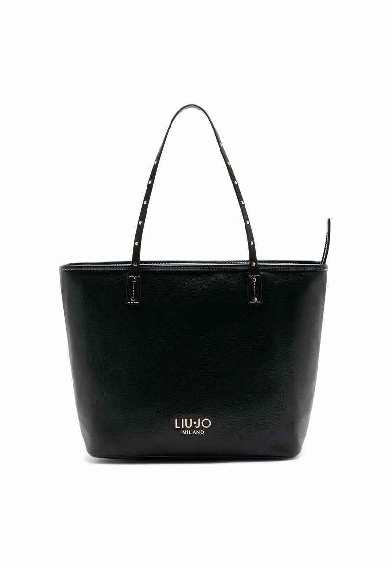 Sac cabas en cuir noir avec fines bretelles, détails cloutés dorés et logo "Liu Jo Milano" doré au centre devant.