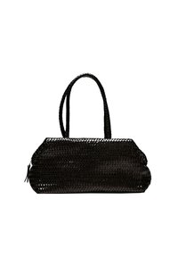 Borsa a spalla intrecciata nera con due manici, forma rettangolare, superficie testurizzata e chiusura con zip. Design minimalista adatto a diverse occasioni.
