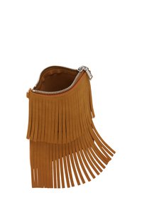 Fringe clutch taske i tan nubuck med lynlås lukning og foret indre. Har lagdelt frynse detaljer for tekstur og designinteresse.