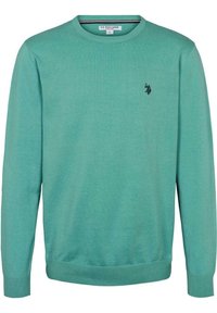 Turkos bomullströja med rund halsringning och ribbad mudd och fåll. Har en liten svart logotyp på vänster bröst. Slät textur.