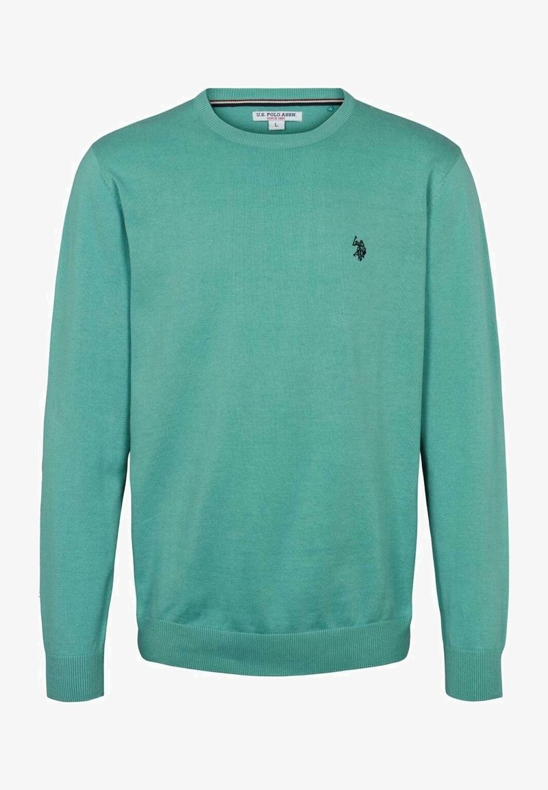 Un pull en coton turquoise à col rond avec des poignets et un ourlet côtelés. Présente un petit logo noir sur la poitrine gauche. Texture lisse.