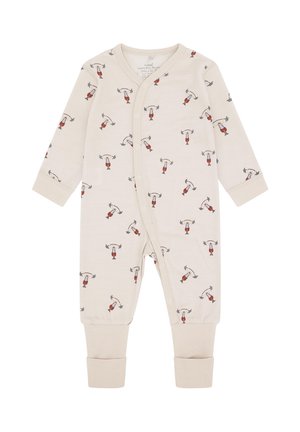 Krämfarbener Baby-Overall mit langen Ärmeln und einem Tiermotiv, das mit Hanteln hebt, Druckknopfverschluss vorne und elastischen Bündchen an den Knöcheln.