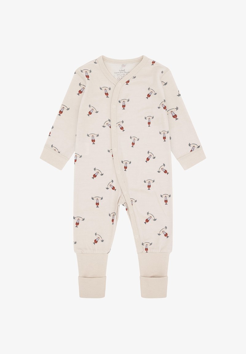 Krämfarbener Baby-Overall mit langen Ärmeln und einem Tiermotiv, das mit Hanteln hebt, Druckknopfverschluss vorne und elastischen Bündchen an den Knöcheln.