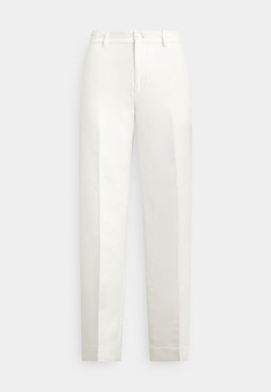 Witte op maat gemaakte broek van lichtgewicht stof, voorzien van een rechte snit, een knoopsluiting aan de voorkant en een gladde textuur.