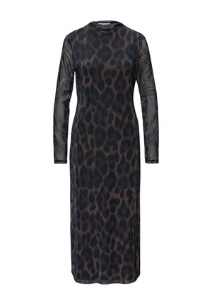 Sukienka z długim rękawem w panterkę, wykonana z prześwitującej tkaniny. Posiada okrągły dekolt i prostą sylwetkę, utrzymana w ciemnobrązowo-czarnych kolorach.
