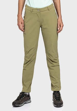 Hellgrüne Outdoor-Hose mit slim Fit, ausgestattet mit Reißverschlusstaschen, einem Knopfverschluss und aus dehnbarem, wasserabweisendem Material gefertigt.