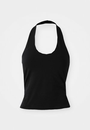 Haut halter noir en tissu doux, avec un col rond et une silhouette ajustée, à la texture lisse et sans motifs visibles.