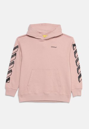 Pink Off-White hoodie with front kangaroo pocket, black diagonal stripes on both sleeves, and small logo text on the chest.