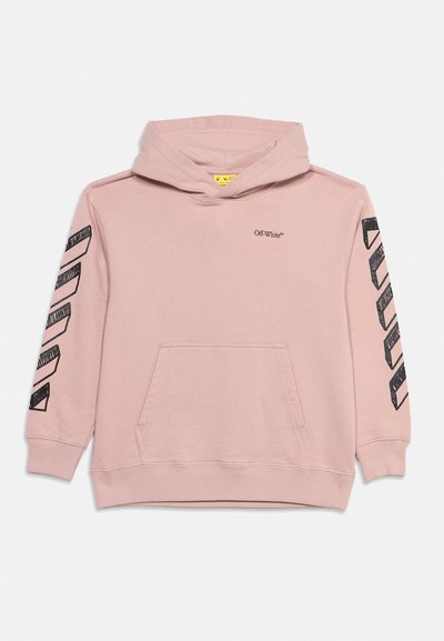 Pink Off-White hoodie with front kangaroo pocket, black diagonal stripes on both sleeves, and small logo text on the chest.