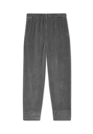 Gray corduroy pants featuring a textured vertical rib pattern, elastic waistband, and tapered cuffs. Material is soft and slightly glossy.
