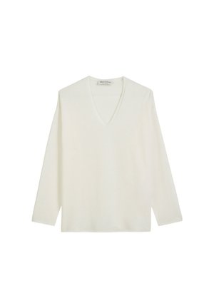 Licht beige V-hals trui gemaakt van zacht breimateriaal, met lange mouwen en een ontspannen pasvorm, met een eenvoudig, ongecompliceerd ontwerp.