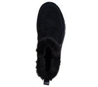 Botte de cheville en suède noir avec doublure en fausse fourrure, forme arrondie et tirant à l'arrière. Texture lisse avec couture contrastante.
