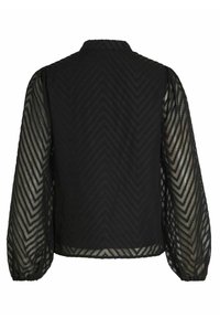 Blouse noire avec un motif chevron texturé, dotée de manches transparentes bouffantes et d'un col mandarin, conçue avec une coupe décontractée.