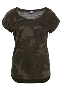 Camo-patterned t-shirt in dark green and brown. Soft, lightweight fabric with a rounded neckline and short sleeves. Curved hem detail.