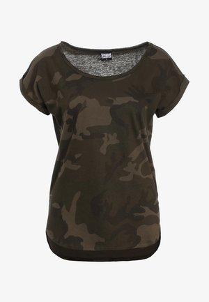 Tričko s maskáčovým vzorem v tmavě zelené a hnědé barvě. Měkká, lehká tkanina s kulatým výstřihem a krátkými rukávy. Zakřivený lem.
