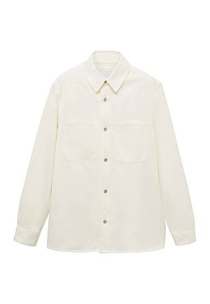 Cream-colored long-sleeve shirt with a collared neckline, front button closure, and two chest pockets. Made of a smooth fabric.