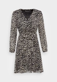 Robe à imprimé léopard en tissu transparent, avec un col en V, manches longues, ceinture à nouer, et ourlet évasé. Palette de couleurs comprenant beige et noir.