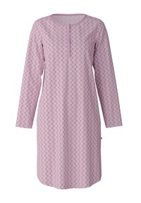Negligé rosa con maniche lunghe, collo rotondo e chiusura con bottoni; presenta un motivo floreale ripetuto in bianco e verde. Texture di stoffa morbida.