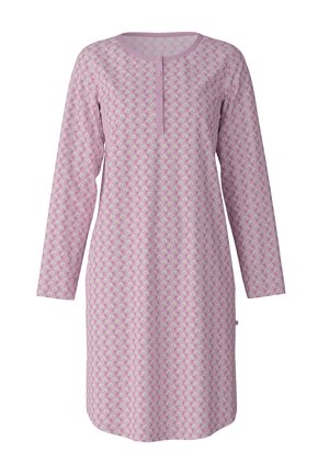 Pink nightdress with long sleeves, round neck, and button placket; features a repeating white and green floral pattern. Soft fabric texture.