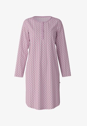 Pink nightdress with long sleeves, round neck, and button placket; features a repeating white and green floral pattern. Soft fabric texture.