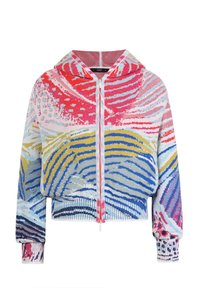 Hooded zip-up sweater with multicolored swirling patterns in red, pink, yellow, and blue, featuring ribbed cuffs and hem in a textured knit.