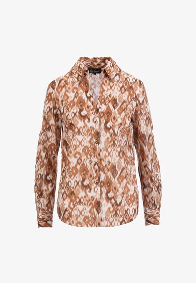 Camicia con bottoni caratterizzata da un motivo intricato marrone e crema, maniche lunghe, colletto classico e una sottile lucentezza in un tessuto leggero.