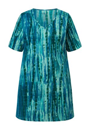 Kortærmet V-hals tunikabluse med blå og grønblå abstrakt lodret stribet mønster, lavet af blødt stof.