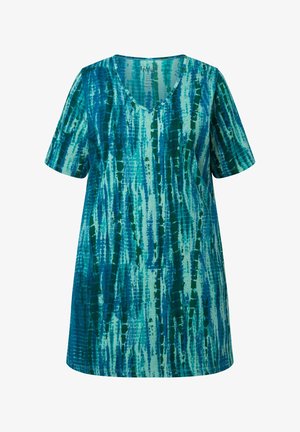 Kurzärmliges V-Ausschnitt-Tunikaoberteil mit blauem und türkisfarbenem abstraktem vertikalem Streifenmuster, aus weichem Stoff gefertigt.
