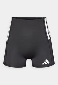 Černé sportovní šortky s přiléhavým střihem z hladkého materiálu. Výrazné bílé boční pruhy a logo Adidas na spodní přední části.