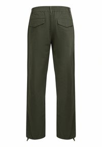 Olive green pants with a relaxed fit, elastic waistband, two back pockets, and adjustable hems at the ankles. Smooth texture and simple design.