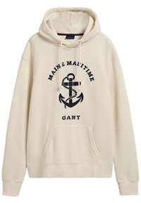 Beżowa bluza z kapturem wykonana z mieszanki bawełny. Posiada przednią kieszeń, kaptur ze sznurkiem oraz granatowy nadruk z tekstem i grafiką kotwicy z przodu.