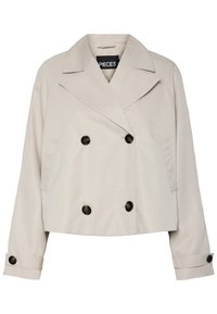 Giacca cropped beige chiaro doppiopetto con ampie revers, quattro bottoni neri sul davanti e polsini abbottonati sulle maniche lunghe.