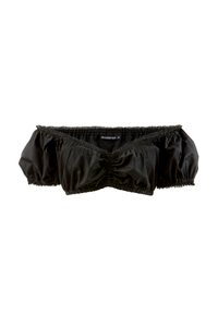 Schwarzes Off-Shoulder-Top aus gerafftem Stoff, mit elastischem Ausschnitt und puffärmel. Besitzt einen dezenten Spitzenbesatz entlang der Kanten.