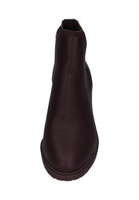 Bordeaux-farbene Knöchelstiefel aus strukturiertem Leder, mit runder Zehenform, elastischen Seitendetails und einer flachen Gummisohle.