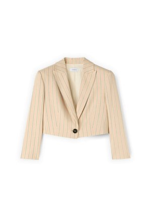 Beige cropped blazer med tynde lodrette striber, notch revers, lange ærmer og en enkelt sort knaplukning.