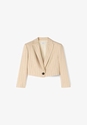 Beige cropped blazer med tynde lodrette striber, notch revers, lange ærmer og en enkelt sort knaplukning.