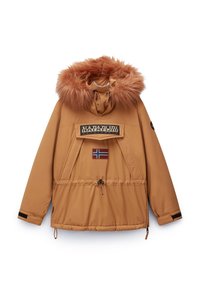 Brun isoleret jakke med en faux fur hætte, frontlogo og Norge-flag patch. Har snoretræk i taljen og elastiske manchetter. Vandtæt materiale.
