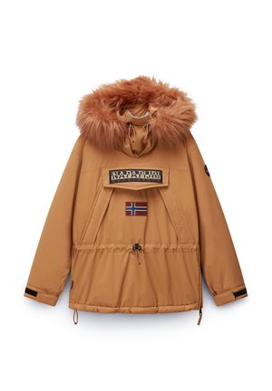 Braune isolierte Jacke mit einer Kapuze aus Kunstfell, Logo auf der Vorderseite und Norwegen-Flaggen-Patch. Mit Kordelzug in der Taille und elastischen Bündchen. Wasserdichtes Material.