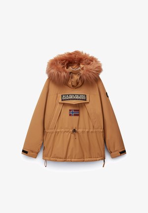 Braune isolierte Jacke mit einer Kapuze aus Kunstfell, Logo auf der Vorderseite und Norwegen-Flaggen-Patch. Mit Kordelzug in der Taille und elastischen Bündchen. Wasserdichtes Material.