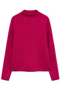 Fuchsia Langarmpullover mit hohem Kragen aus weichem Strickmaterial; weist eine entspannte Passform und einen geraden Saum ohne sichtbare Muster oder Akzente auf.