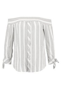 Off-shoulder blus med grå och vita horisontella och diagonala ränder, med knappstängning fram och knytdetaljer vid ärmarna.