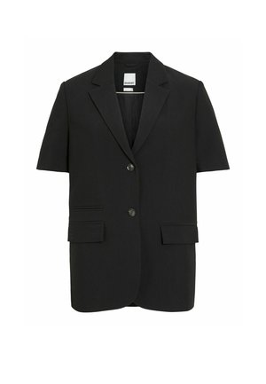 Sort kortærmet blazer med slagkrave, to forreste knapper og klaplommer, vist på en hvid baggrund.