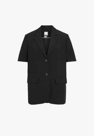 Blazer nero a maniche corte con colletto a revers, due bottoni frontali e tasche con patta, mostrato su sfondo bianco.