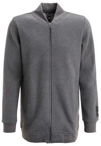 Chaqueta gris con cremallera y cuello alto, bolsillos laterales, puños acanalados y una textura suave. Presenta un pequeño logo en el hombro izquierdo.