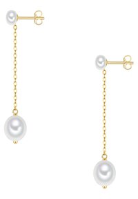 Guldormontörör med två vita pärlor, en vid studen och den andra hängande, som skapar en kontrast mellan den glänsande metallen och de släta pärlorna.