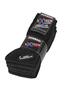 Schwarze Baumwollsocken gestapelt, mit verstärkten Fersen und Zehen, und einem Etikett mit der Aufschrift "ohne Gummidruck".