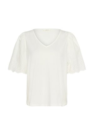 T-shirt blanc à col en V avec des manches bouffantes, ornées de détails brodés et d'une texture de tissu lisse. Un design à coupe décontractée.