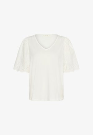 Witte V-hals t-shirt met pofmouwen, voorzien van geborduurde details en een gladde stofstructuur. Een design met een relaxte pasvorm.