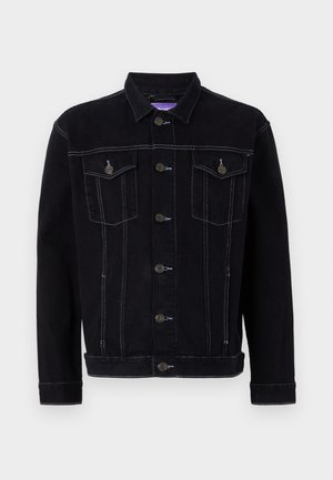 Black denim jacket with a front button closure, two chest pockets, and contrasting white stitching; has a collar and long sleeves.