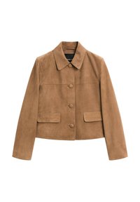 Brun ruskindsjakke med en krave, knaplukning foran og to lommer. Har et kort design og en glat tekstur.